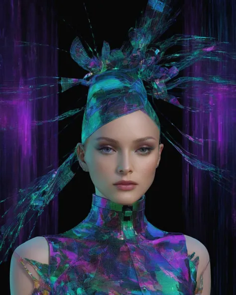 professional studio quality, fashion photography portrait of a model naked 22y, in teal-lilac constructed of millions of voxels body, each voxel has a distinctive visible hexagon:1.3 face, cinematic, super realistic, amazing, highly reflective, depth of field,