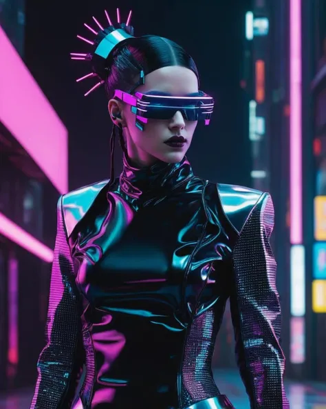 It fuses haute couture fashion with elements of the cyberpunk genre, using metallic materials, Neon colors and futuristic silhouettes. The collection imagines a dystopian future where style and technology intertwine.