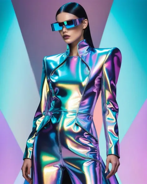 With glitched sophistication, a model embodies cyberpunk elegance, her attire a data-driven diva's interpretation of holographic haute couture.<lora:M_Fashion:1.0>