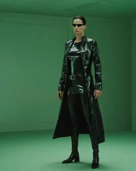 Trinity from the movie matrix. xxx. sexy. full body. with sports lenses, He wears a black leather trench coat. with small tight latex lingerie, full body closeup, cinematic full length lingerie shot. sensual. sexy, background city of matrix. hyper realism. 8k. Photography, hyper realism. k. Photography (masterpiece, Super detail, High detail, Best Quality, 8k, Matrix film lighting