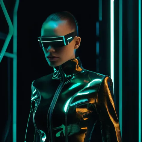 Photorealistic portrait of a model wearing a matrix outfit, digital rebellion, futuristic couture, aesthetic, high fashion, haute couture, sci-fi chic, posing <lora:M_Fashion:1>