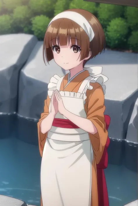 nakaichitose, <lora:nakai chitose s1-lora-nochekaiser:1>,
nakai chitose, short hair, brown hair, (brown eyes:1.3), bangs, blunt bangs, smile,
BREAK japanese clothes, kimono, apron, head scarf,
BREAK outdoors, hot spring, onsen,
BREAK looking at viewer, (cowboy shot:1.5),
BREAK <lyco:GoodHands-beta2:1>, (masterpiece:1.2), best quality, high resolution, unity 8k wallpaper, (illustration:0.8), (beautiful detailed eyes:1.6), extremely detailed face, perfect lighting, extremely detailed CG, (perfect hands, perfect anatomy),