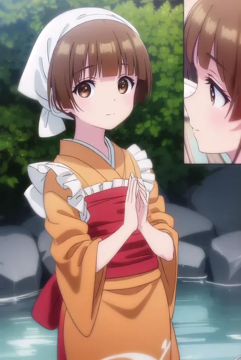 nakaichitose, <lora:nakai chitose s1-lora-nochekaiser:1>,
nakai chitose, short hair, brown hair, (brown eyes:1.3), bangs, blunt bangs, smile,
BREAK japanese clothes, kimono, apron, head scarf,
BREAK outdoors, hot spring, onsen,
BREAK looking at viewer, (cowboy shot:1.5),
BREAK <lyco:GoodHands-beta2:1>, (masterpiece:1.2), best quality, high resolution, unity 8k wallpaper, (illustration:0.8), (beautiful detailed eyes:1.6), extremely detailed face, perfect lighting, extremely detailed CG, (perfect hands, perfect anatomy),