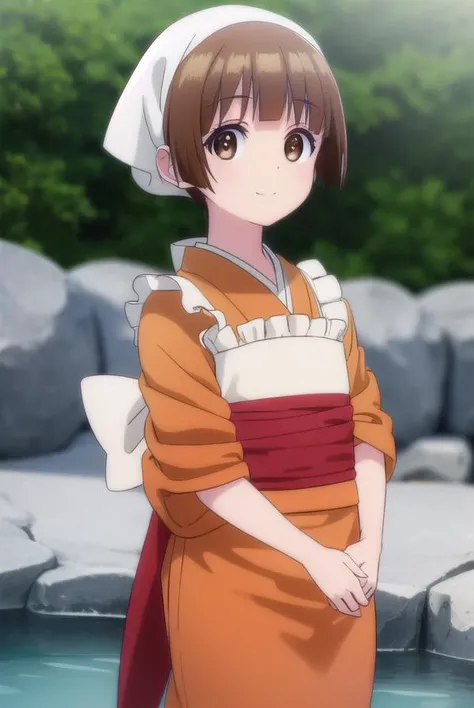 nakaichitose, <lora:nakai chitose s1-lora-nochekaiser:1>,
nakai chitose, short hair, brown hair, (brown eyes:1.3), bangs, blunt bangs, smile,
BREAK japanese clothes, kimono, apron, head scarf,
BREAK outdoors, hot spring, onsen,
BREAK looking at viewer, (cowboy shot:1.5),
BREAK <lyco:GoodHands-beta2:1>, (masterpiece:1.2), best quality, high resolution, unity 8k wallpaper, (illustration:0.8), (beautiful detailed eyes:1.6), extremely detailed face, perfect lighting, extremely detailed CG, (perfect hands, perfect anatomy),