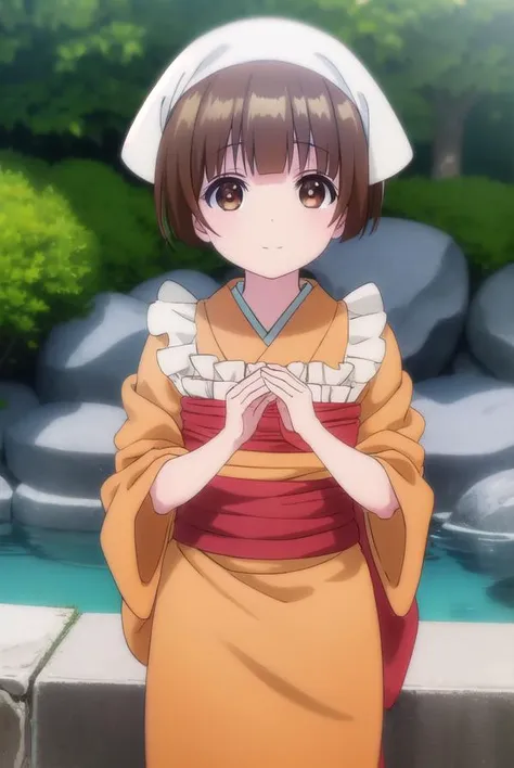 nakaichitose, <lora:nakai chitose s1-lora-nochekaiser:1>,
nakai chitose, short hair, brown hair, (brown eyes:1.3), bangs, blunt bangs, smile,
BREAK japanese clothes, kimono, apron, head scarf,
BREAK outdoors, hot spring, onsen,
BREAK looking at viewer, (cowboy shot:1.5),
BREAK <lyco:GoodHands-beta2:1>, (masterpiece:1.2), best quality, high resolution, unity 8k wallpaper, (illustration:0.8), (beautiful detailed eyes:1.6), extremely detailed face, perfect lighting, extremely detailed CG, (perfect hands, perfect anatomy),