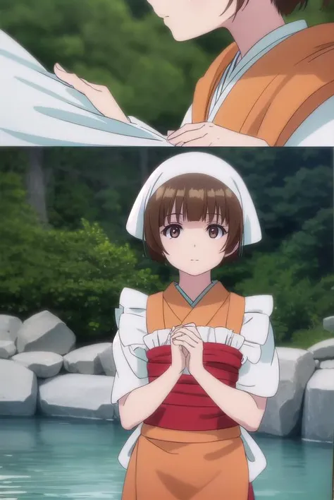 nakaichitose, <lora:nakai chitose s1-lora-nochekaiser:1>,
nakai chitose, short hair, brown hair, (brown eyes:1.3), bangs, blunt bangs, smile,
BREAK japanese clothes, kimono, apron, head scarf,
BREAK outdoors, hot spring, onsen,
BREAK looking at viewer, (cowboy shot:1.5),
BREAK <lyco:GoodHands-beta2:1>, (masterpiece:1.2), best quality, high resolution, unity 8k wallpaper, (illustration:0.8), (beautiful detailed eyes:1.6), extremely detailed face, perfect lighting, extremely detailed CG, (perfect hands, perfect anatomy),