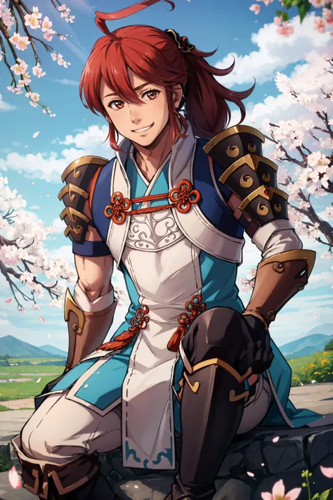 masterpiece, best quality, <lora:SubakiFE-bsinky-v1:0.8> subakiFE, ponytail, ahoge, gloves, armor, boots, sky, cherry blossoms, grin, male focus