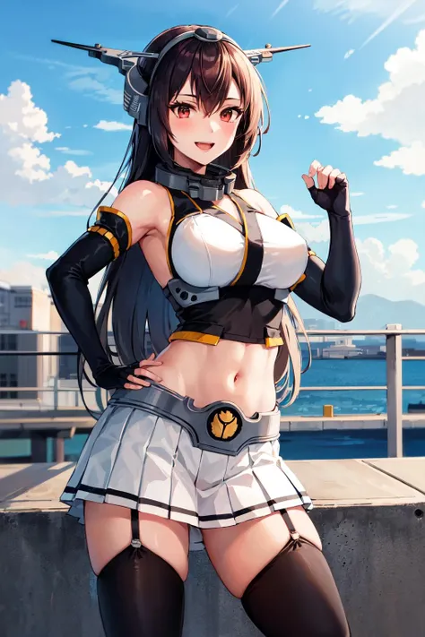 masterpiece, best quality, highres, aanagato, long hair, headgear, hairband, collar, bare shoulders, crop top, elbow gloves, fingerless gloves, black gloves, midriff, pleated skirt, white skirt, garter straps, thighhighs, <lora:nagato_(kancolle)_v1:0.7>, cowboy shot, standing, smile, hand on hip, open mouth, blue sky
