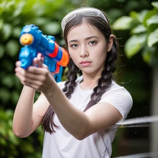 ((high quality, absurdres, best quality, ultra photo realistic, ultra realistic ,extreme detail, masterpiece,raw,8k)), <lora:watergun new:1>1girl, solo,holding a water gun:1,long hair,