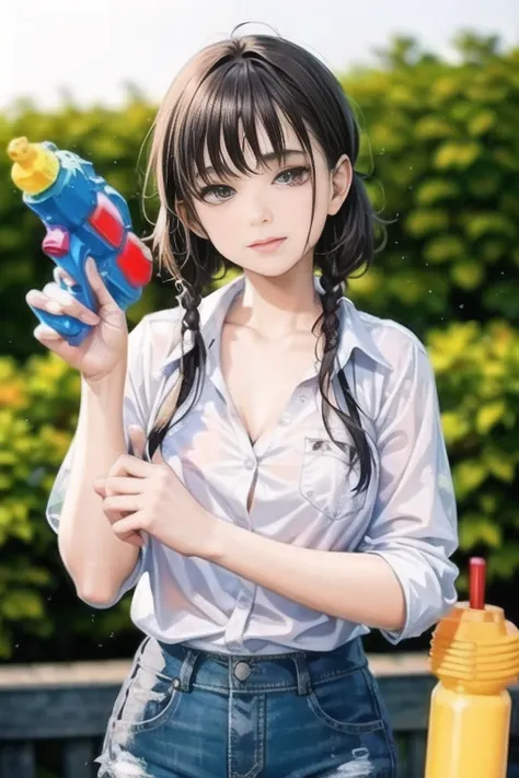 <lora:watergun new:0.9>,1girl , hand holding water gun,shirt white