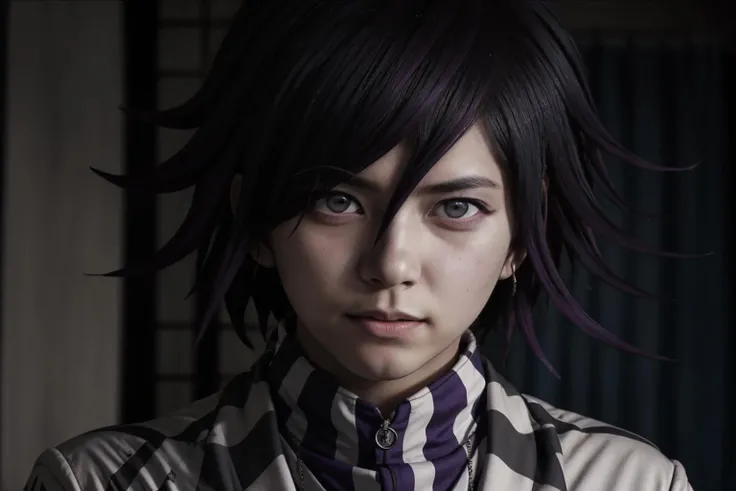 Blu-ray screenshot of Kokichi Oma from 2023 live-action movie adaptation of Danganronpa V3,<lora:KokichiLora:0.8>, kokichi attire,kokichi,jacket,checkered clothes,