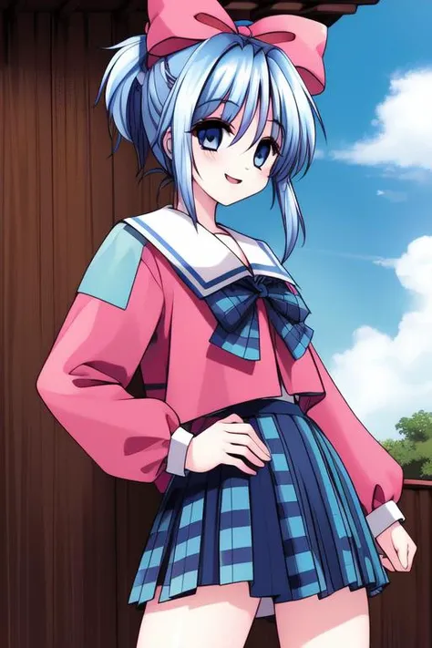 <lora:Akumu95_AoiKajitsunoSange:0.8>,akumu, 1girl, blue hair, ponytail, short hair, blue eyes, pink_bow, child, small body,
school uniform, long sleeves, plaid skirt,ãsky blue, smile, happy, cowboy Shot,
masterpiece, high quality, very_high_resolution, large_filesize, full color,
masterpiece, high quality, very_high_resolution, large_filesize, full color,