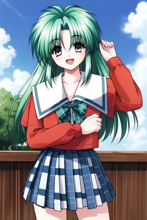 <lora:Akumu95_AoiKajitsunoSange:0.8>,akumu, 1girl, green hair, long hair, sidelock, child,
school uniform, long sleeves, plaid skirt,ãsky blue, smile, happy, cowboy Shot,
masterpiece, high quality, very_high_resolution, large_filesize, full color,
masterpiece, high quality, very_high_resolution, large_filesize, full color,