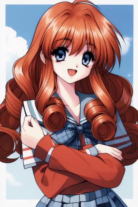 <lora:Akumu95_AoiKajitsunoSange:0.8>,akumu, 1girl, solo, brown hair, long hair,  school uniform,  (curly hair:1.2),  open mouth, long sleeves, looking at viewer, upper body, retro artstyle, curly hair, blue eyes, breasts,
school uniform,   long sleeves,  blue_sky, school, cowboy Shot, plaid, smile, 
1990s \(style\), masterpiece, high quality, very_high_resolution, large_filesize, full color,