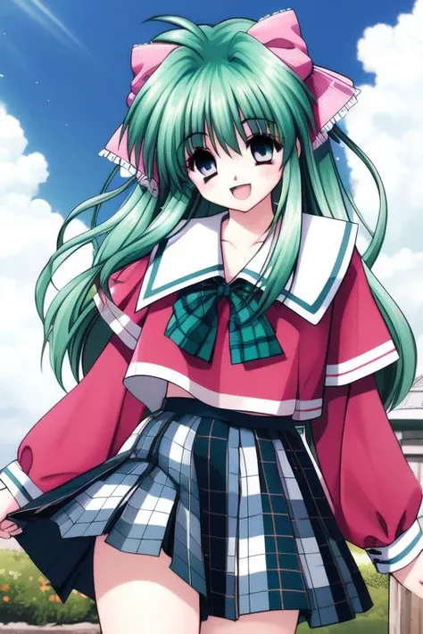<lora:Akumu95_AoiKajitsunoSange:0.8>,akumu, 1girl, green hair, long hair, child, small body, bangs, sidelock, hair_ribbon, pink_ribbon,
school uniform, long sleeves, plaid skirt,ãsky blue, smile, happy, cowboy Shot,
masterpiece, high quality, very_high_resolution, large_filesize, full color,