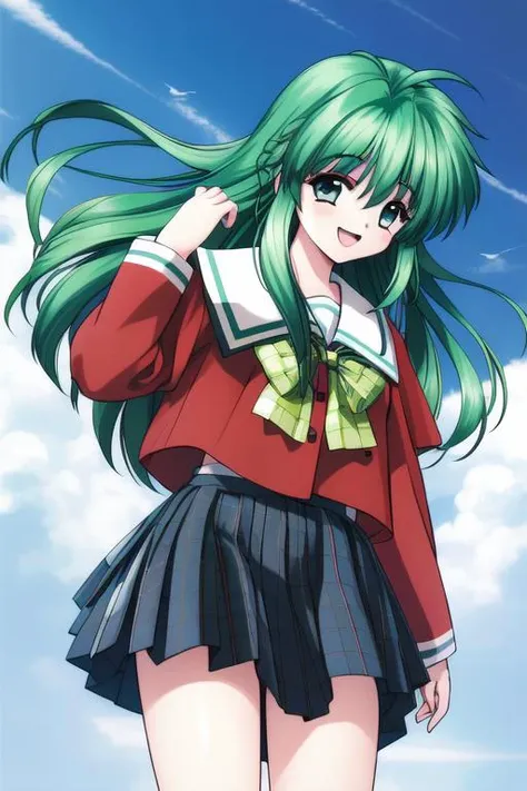 <lora:Akumu95_AoiKajitsunoSange:0.8>,akumu, 1girl, green hair, long hair, child, small body, bangs, sidelock,
school uniform,  long sleeves, plaid skirt,ãsky blue,  smile, happy, cowboy Shot,
masterpiece, high quality, very_high_resolution, large_filesize, full color,