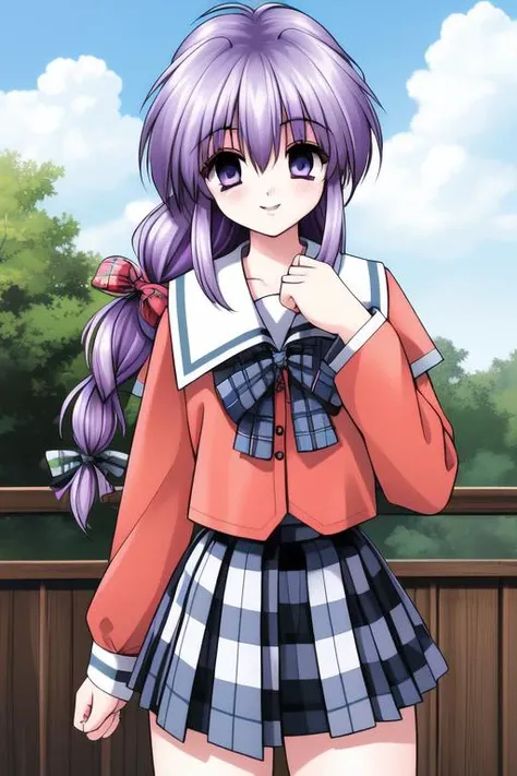 <lora:Akumu95_AoiKajitsunoSange:0.8>,akumu, 1girl, purple hair, low-tied_long_hair, long_Braid, gray_ribbon,
school uniform, long sleeves, plaid skirt,ãsky blue, smile, happy, cowboy Shot,
masterpiece, high quality, very_high_resolution, large_filesize, full color,
masterpiece, high quality, very_high_resolution, large_filesize, full color,