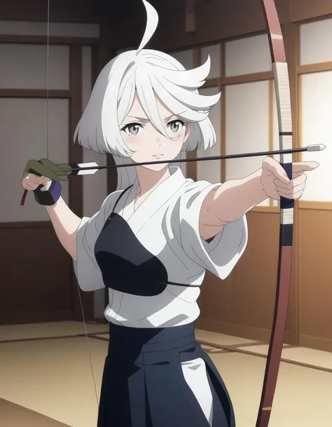 1girl,solo,
<lora:miorineXL1:0.8>,miorine,
grey eyes, white hair, ahoge, bangs, long hair,
serious,
<lora:kyuudouXLv1:1>,kyuudou, bow (weapon), japanese clothes, arrow (projectile), holding bow (weapon), yugake, muneate, hakama, single glove
masterpiece, best quality, ultra detailed, highres,4k,(ultra-detailed:1.4) (illustration:0.5), (ray tracing,:0.8),(anime colored:0.7),(ai-generated:0.8),