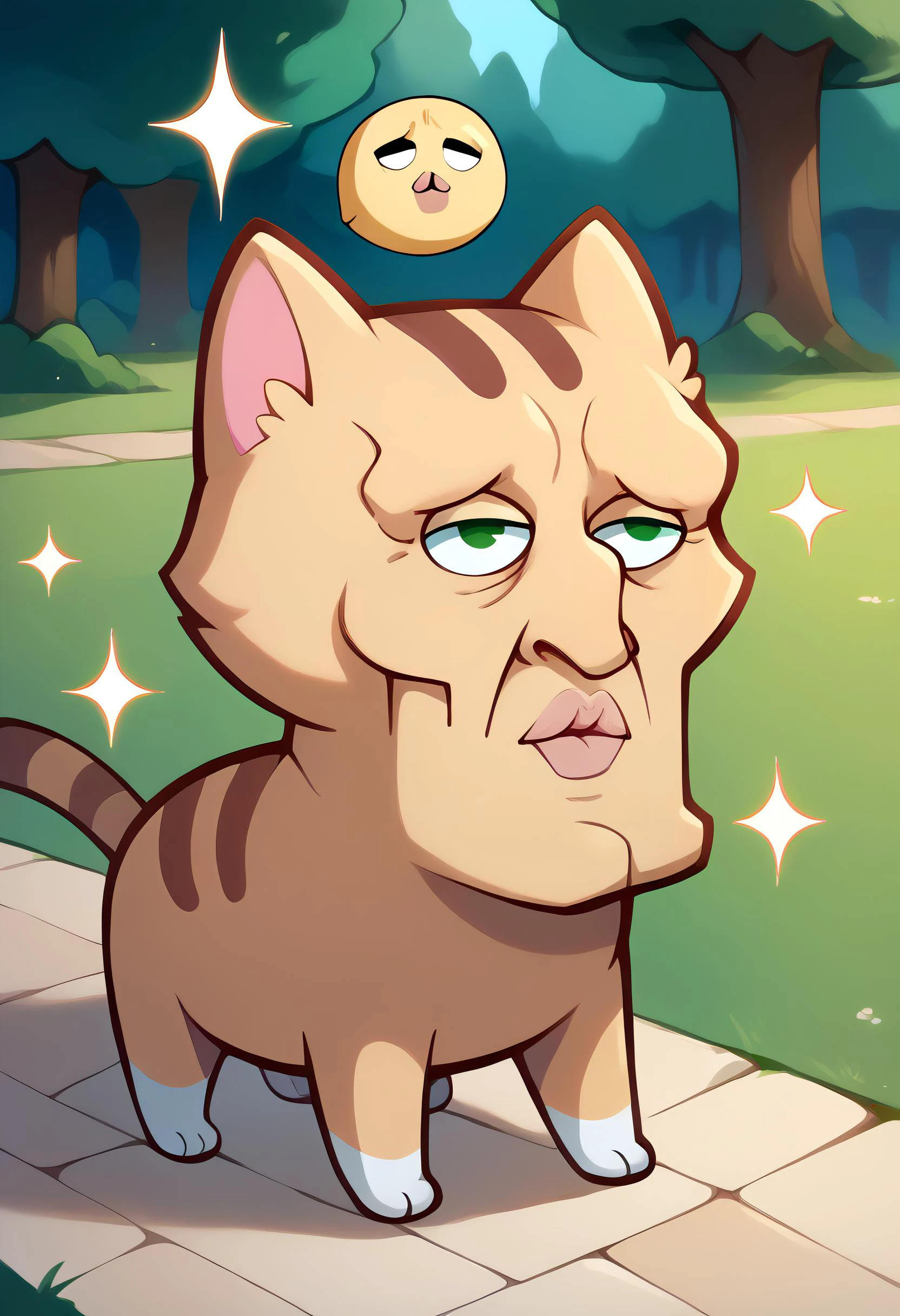 score_9, score_8_up, score_7_up, BREAK <lora:handsomize_x_pdxl_v1:1.2> handsomize, sparkle, outdoors, <lora:discord_nekonekonekone_ponyXL:0.8> animal focus, no humans, nekoemoji, cat