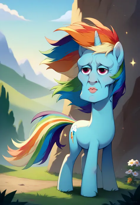 score_9, score_8_up, score_7_up, BREAK <lora:handsomize_x_pdxl_v1:1> handsomize, unicorn, horse, blue skin, rainbow hair, no humans, full body, outdoors, rainbow, sparkle, wind