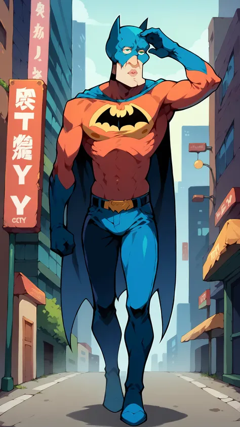 <lora:handsomize_x_pdxl_v1:1.2>,score_9,score_8_up,score_7_up BREAK handsomize,Batman,City background,