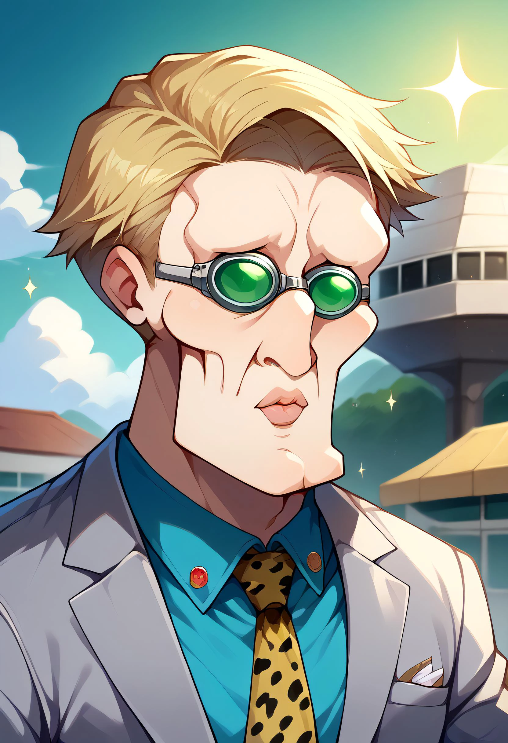 <lora:handsomize_x_pdxl_v1:1.2> score_9, score_8_up, score_7_up BREAK handsomize, <lora:ChamKentoNanamiPonyXL:0.9> NanamiBase, blonde hair, short hair, goggles, grey jacket, yellow necktie, leopard print, blue shirt, collared shirt, outdoors, sparkle