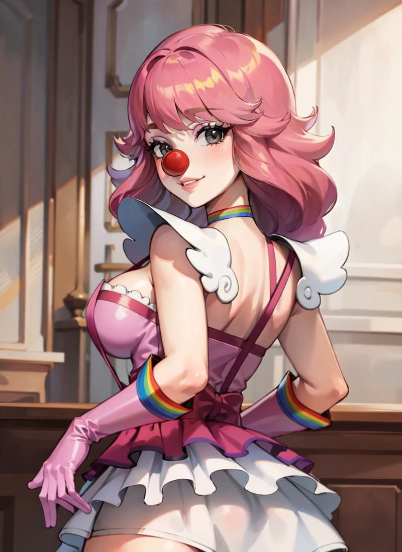 ((best quality)), ((highly detailed)), extremely detailed face, beautiful face, , (1girl), (solo), <lora:UnderButtV4:.8>, UnderButt, looking down, looking at viewer, from behind, upper body, <lora:aa_toneido:1>, geiru toneido, pink hair, grey eyes, large breasts, smiling, clown, multicolored clothes, pink dress, suspenders, pink gloves, choker, cleavage, (indoors, in a court room)