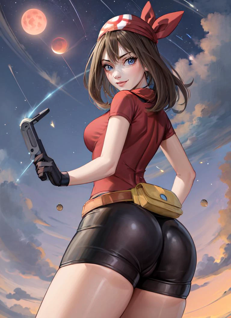 ((best quality)), ((highly detailed)), masterpiece, absurdres, (detailed eyes, deep eyes), (1girl), <lora:UnderButtV4:1>, UnderButt, looking down, from below, looking at viewer, from behind, dynamic pose, upper body, <lora:hairdetailer:.9>, <lora:may_pokemonGoofyAI:1>, may pokemon, brown hair, medium hair, blue eyes, medium breasts, smiling, red bandana, red shirt, collared shirt, short sleeves, bike shorts, bodysuit, chunky sneakers, fanny pack, (outside, in a town, (5+girls), evening, night sky, stars, lunar eclipse, shooting star), <lora:sleepygimp:.8>, sleepygimp