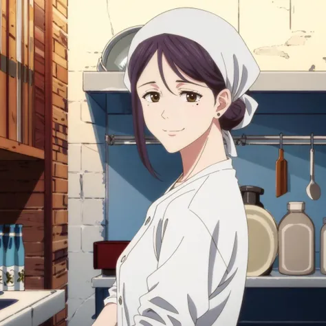 masterpiece,high quality,solo,
<lora:Chukaya001:0.7>,smile,
Chukaya,1woman,
mole under eye,
hair bun,
chef,
head scarf,kappougi,shirt,