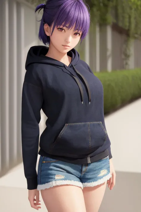 masterpiece, best quality, highres, 1girl ayane, hoodie, denim shorts <lora:doa_ayane:1>