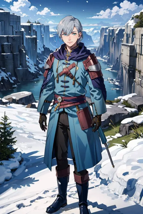 masterpiece, best quality, <lora:AsheFE-bsinky-v1:0.8> warAshe, cape, armor, boots, 1boy, cowboy shot, cliffs, winter, blue sky, snow, looking at viewer, smile