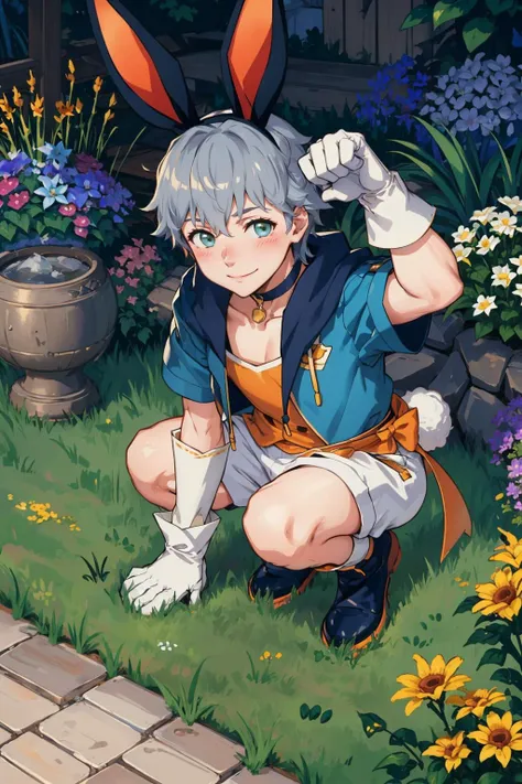 masterpiece, best quality, <lora:AsheFE-bsinky-v1:0.8> sprAshe, white gloves, blue jacket, fake animal ears, rabbit ears, white shorts, orange bow, puffy short sleeves, flower choker, blue footwear, paw pose, 1boy, solo, garden, smile, blush, crouching, from above