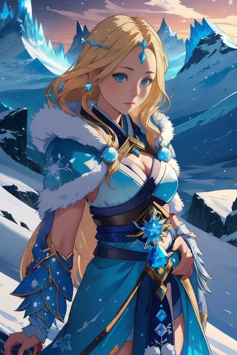 1girl, <lora:CrystalMaidenv0.2:0.4> crystal maiden, rylai, blond hair, snow and glaciers in background, <lora:edgEasternFantasy:0.8> edgEF, wearing edgEF eastern clothing,, masterpiece, best quality, CG, wallpaper, HDR, high quality, high-definition, extremely detailed