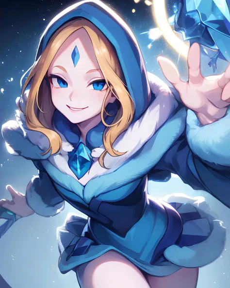 best quality, masterpiece, <lora:crystalmaiden:1>, crystal maiden, rylai, blonde hair,  <lora:darkWillowDota2WIPNSFW_v02WIP5epoch:0.4>, hair parted down middle, purple hood, blue fur dress, blue gem forehead, pale skin, cold lighting, <lora:mashuuStyle_mashuufinal:0.6> mashuu, mashuustyle, 1girl, smile, blue eye shadow, blue lip gloss