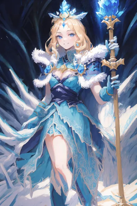 masterpiece, best quality, portrait, illustration, 1girl, <lora:CrystalMaidenv0.2:0.9>, crystal maiden, (arcana), (crown), evil smile