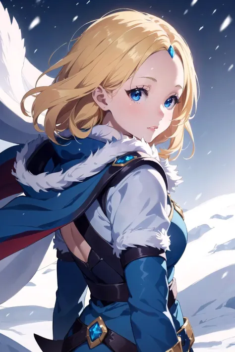 official art, crystal maiden, 1girl, ite, medium full shot, solo, blonde hair, blue eyes, (elegant cloak), rear view, looking back, wind, crystalline, blue winter background, snow, best quality, (masterpiece), realistic, 8k illustration
<lora:dotaCrystalMaiden:0.7>
