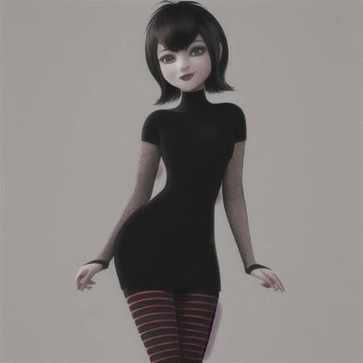 <lora:mavisDracula_v1:0.85>, masterpiece, high quality, (high resolution:1.21), (detailed illustration), 1girl, (mavis dracula), wide hips, medium breasts, short black hair, happy, :>=, black dress, red and black striped leggings, mesh sleeves, (2d)