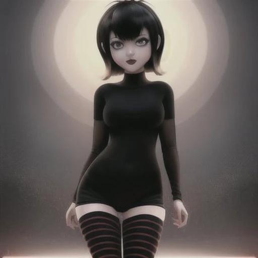 <lora:mavisDracula_v1:0.85>, masterpiece, high quality, (high resolution:1.21), (detailed illustration), 1girl, (mavis dracula), wide hips, hort black hair, red and black striped leggings, mesh sleeves