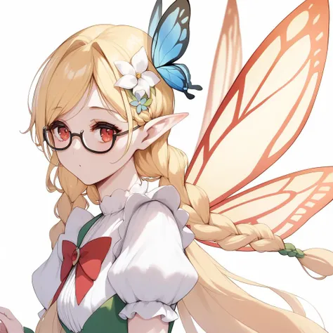 <lora:ShikishimaPonyXL-000001:1>
best quality,  score_9, score_8_up, score_7_up, score_6_up, rating_explicit,source_anime,original_art  BREAK
1girl, blonde hair, solo,  braid, wings, butterfly wings, twin braids, pointy ears, flower, red eyes, fairy, hair flower, hair ornament, long hair, puff and slash sleeves, puffy sleeves,  white background