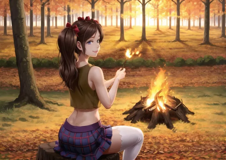 Majalis,Hiro,((photorealistic)),1boy,Hiro sitting on a tree stump next to a campfire roasting a (marshmallow) on a stick,night time,autumn,forest,smiling,brown hair,twintails,exposed midriff,purple skirt,white thighhighs,detailed eyes,from behind <lora:e_majalis21:0.6>