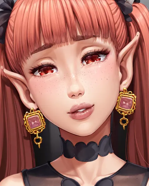 (majalis:1.2), (1boy, kylira:1.1), portrait, femboy, freckles, gem earrings, bangs, jewelry, lips, parted lips, looking at viewer, earrings, eyelashes, black dress, pointy ears, red eyes, red hair, solo, square earrings, twintails  <lora:majalis_style_v2.1:0.7>