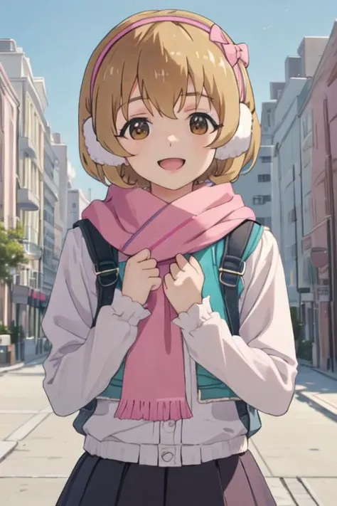 best quality, masterpiece, highres, solo, {koga_koharu_theidolmastercinderellagirlsu149:1.15}, short_hair, brown_eyes, bow, hairband, brown_hair, smile, pink_bow, bangs, blonde_hair, open_mouth, upper_body, hair_bow, 1girl, earmuffs, looking_at_viewer, outdoors, pink_scarf, scarf, photo_background, portrait
