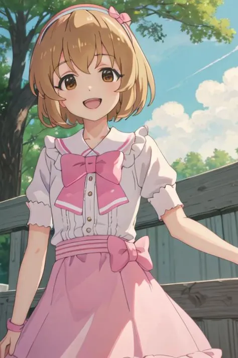 best quality, masterpiece, highres, solo, {koga_koharu_theidolmastercinderellagirlsu149:1.15}, short_hair, brown_eyes, bow, hairband, brown_hair, smile, pink_bow, bangs, blonde_hair, open_mouth, upper_body, hair_bow, 1girl, day, outdoors, sky, tree