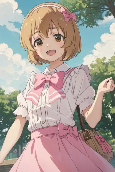 best quality, masterpiece, highres, solo, {koga_koharu_theidolmastercinderellagirlsu149:1.15}, short_hair, brown_eyes, bow, hairband, brown_hair, smile, pink_bow, bangs, blonde_hair, open_mouth, upper_body, hair_bow, 1girl, outdoors, anime_coloring, day, short_sleeves, skirt, tree, shirt, white_hairband, white_shirt, :d, sky