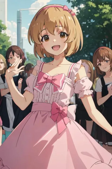 best quality, masterpiece, highres, solo, {koga_koharu_theidolmastercinderellagirlsu149:1.15}, short_hair, brown_eyes, bow, hairband, brown_hair, smile, pink_bow, bangs, blonde_hair, open_mouth, upper_body, hair_bow, 1girl, :d, dress, looking_at_viewer, red_bow, bowtie, collarbone, pink_hairband, anime_coloring