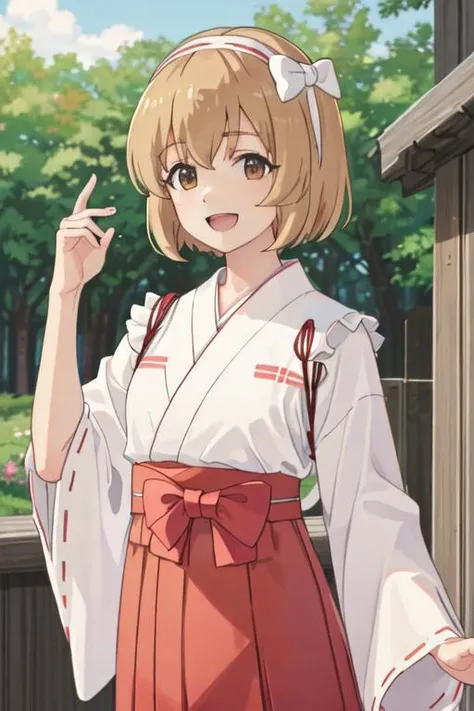 best quality, masterpiece, highres, solo, {white kimono:1.35}, {red hakama:1.35}, {wide sleeves:1.20}, {koga_koharu_theidolmastercinderellagirlsu149:1.15}, short_hair, brown_eyes, bow, hairband, brown_hair, smile, pink_bow, bangs, blonde_hair, open_mouth, upper_body, hair_bow