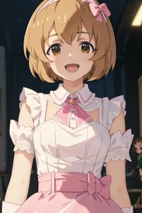 best quality, masterpiece, highres, solo, {koga_koharu_theidolmastercinderellagirlsu149:1.15}, short_hair, brown_eyes, bow, hairband, brown_hair, smile, pink_bow, bangs, blonde_hair, open_mouth, upper_body, hair_bow, 1girl, gloves, white_gloves, :d, looking_at_viewer, white_background, blurry
