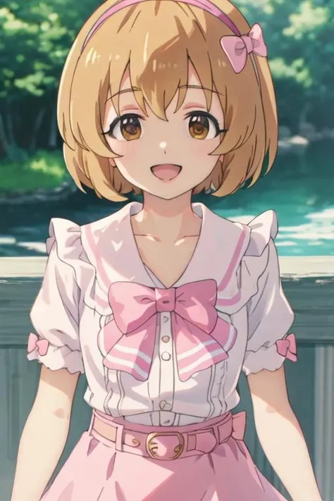 best quality, masterpiece, highres, solo, {koga_koharu_theidolmastercinderellagirlsu149:1.15}, short_hair, brown_eyes, bow, hairband, brown_hair, smile, pink_bow, bangs, blonde_hair, open_mouth, upper_body, hair_bow, 1girl, :d, bowtie, chromatic_aberration, frills, hair_between_eyes, looking_at_viewer, pink_hairband, short_sleeves, belt, pink_bowtie, pink_skirt, puffy_short_sleeves, puffy_sleeves, shirt, skirt, white_hairband, white_shirt, collarbone