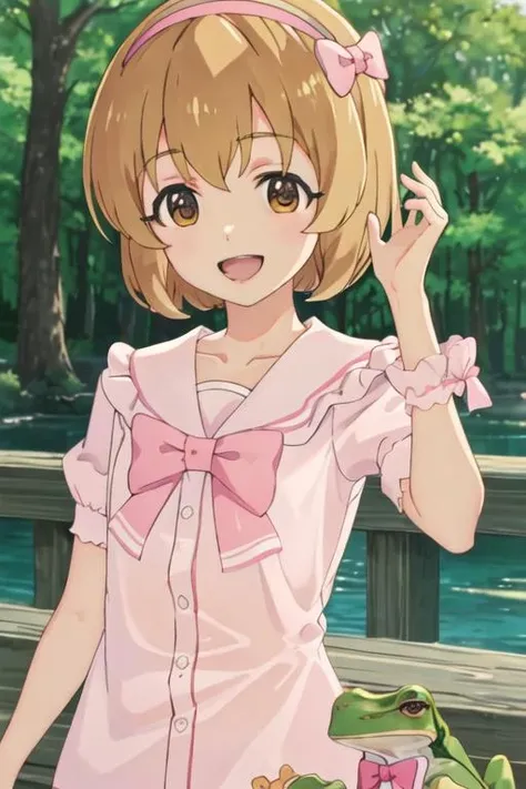 best quality, masterpiece, highres, solo, {koga_koharu_theidolmastercinderellagirlsu149:1.15}, short_hair, brown_eyes, bow, hairband, brown_hair, smile, pink_bow, bangs, blonde_hair, open_mouth, upper_body, hair_bow, 1girl, :d, frog, pajamas, female_child