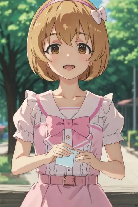 best quality, masterpiece, highres, solo, {koga_koharu_theidolmastercinderellagirlsu149:1.15}, short_hair, brown_eyes, bow, hairband, brown_hair, smile, pink_bow, bangs, blonde_hair, open_mouth, upper_body, hair_bow, 1girl, blurry, blurry_background, looking_at_viewer, outdoors, tree, parted_lips, holding, parody, collarbone, day, dress, white_hairband